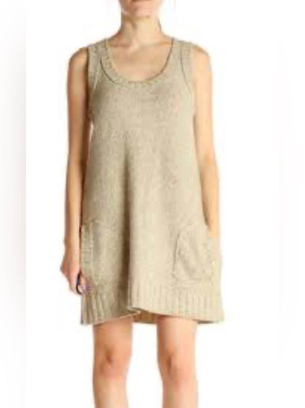 Rubbish vintage beige tank dress knitted texture and prominent front pockets L